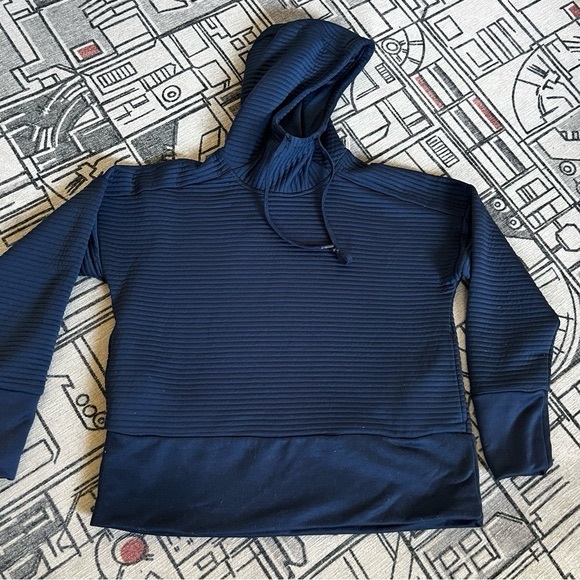 Nike Navy Royal Blue Ribbed Dri Fit Cropped Pullover Hoodie Medium White Swoosh - Picture 3 of 8